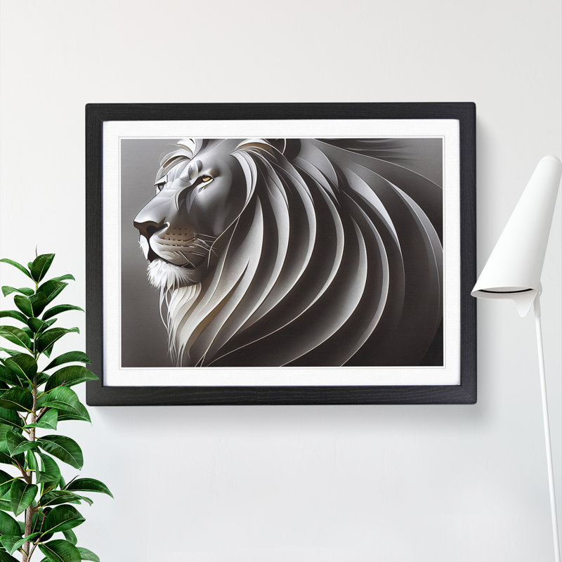 Lion Statue - Single Picture Frame Print, Black, 34cm H x 46cm W x 2cm D
