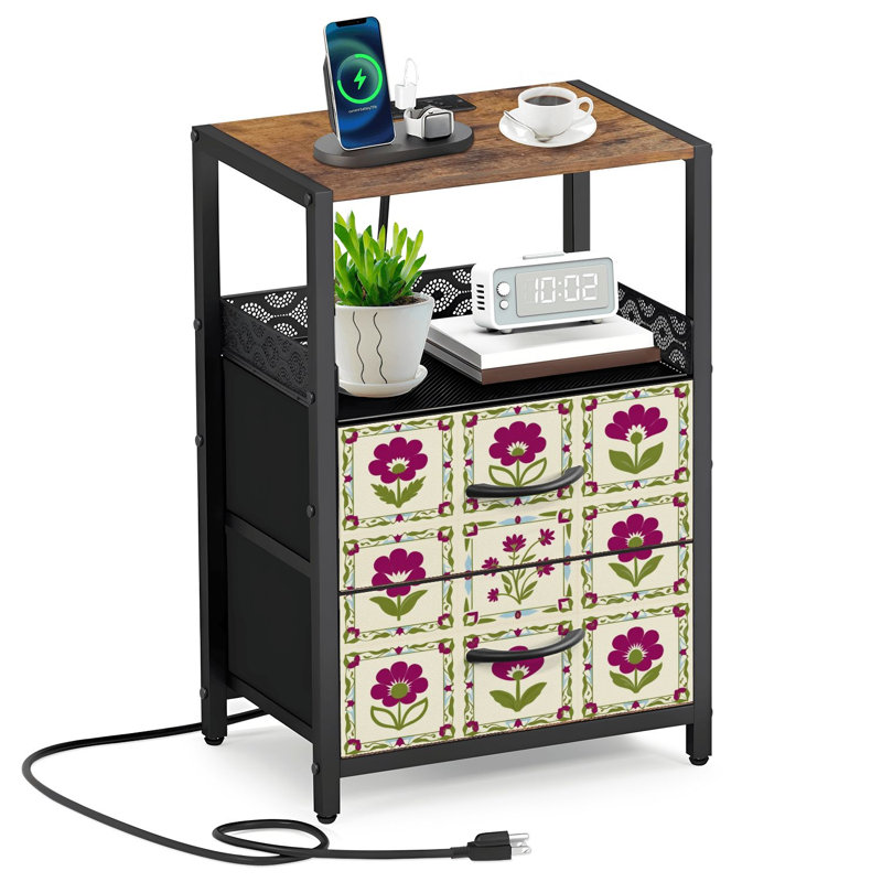 Table de chevet 2 tiroirs en tissu avec station de charge Floral Vibrant