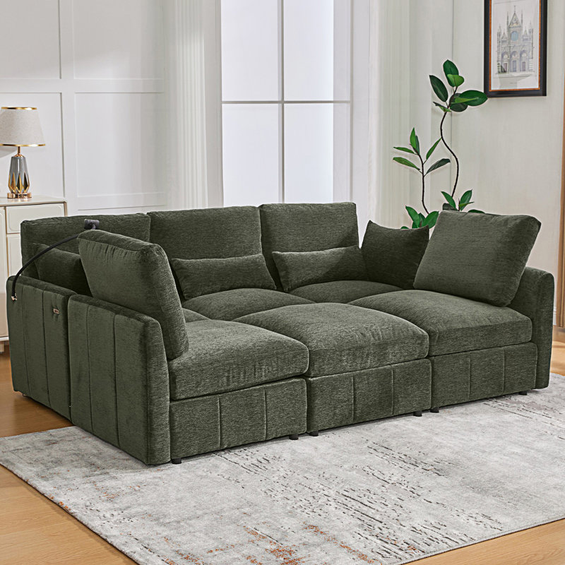 Modern Sectional Sofa, Modular Sofa, U-shaped Sofa Couch with a Movable Ottoman and Two USB Ports and a Phone Holder, Green