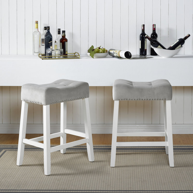 De 2 tabourets de hauteur de comptoir, velours bleu avec siège de selle, 2 pièces Enchantement blanc délavé, Gris