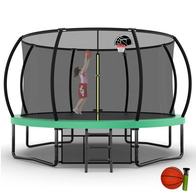 14 FT Pumpkin Recreational Trampoline with Basketball Hoop, Ladder,Enclosure Net,Storage Bag