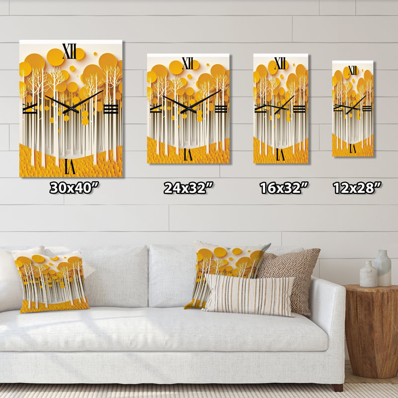 Yellow Trees In The Forest Quill Minimalism I - Landscape Trees Wall Clock, Medium