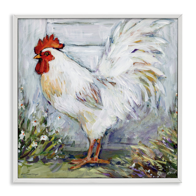 Coq dans un jardin de fleurs, estampe numérique encadrée, design par Susan Winget, H 17 po x l 17 po