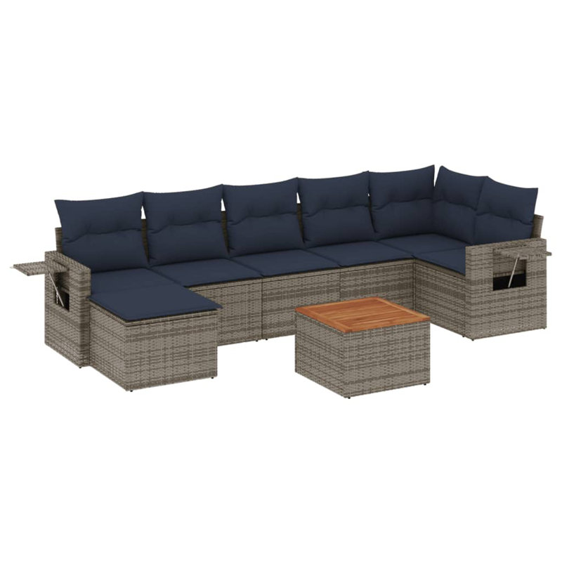 Ensemble de canapé de patio 8 pièces avec coussins en rotin de polyester, Bleu foncé, Gris