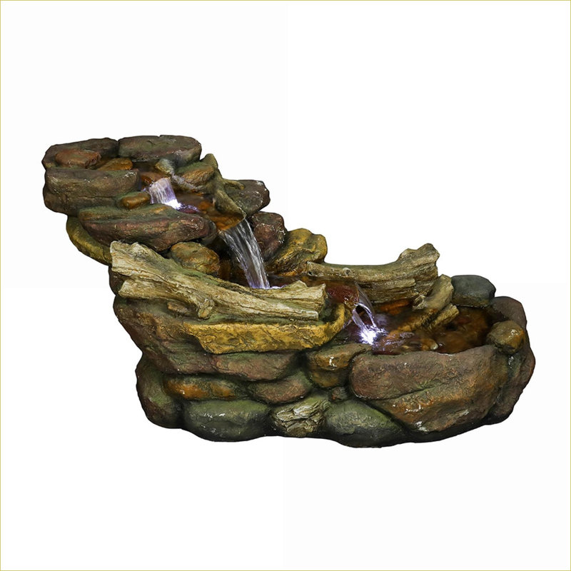 Fountains | Cascading Indoor Outdoor Rock Fountain with LED Lights, for Garden Patio Deck Porch | Fuente | Cascada | Luces LED | Resin | Tiered Waterfall Fountain