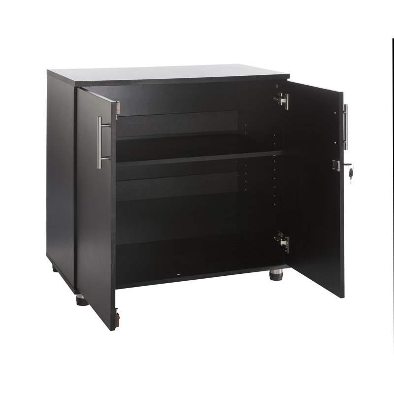 Marjorie Wood Storage Cabinet with Lock, 2 Door Locking File Tool Cabinet Cupboard with Adjustable Shelf, Black