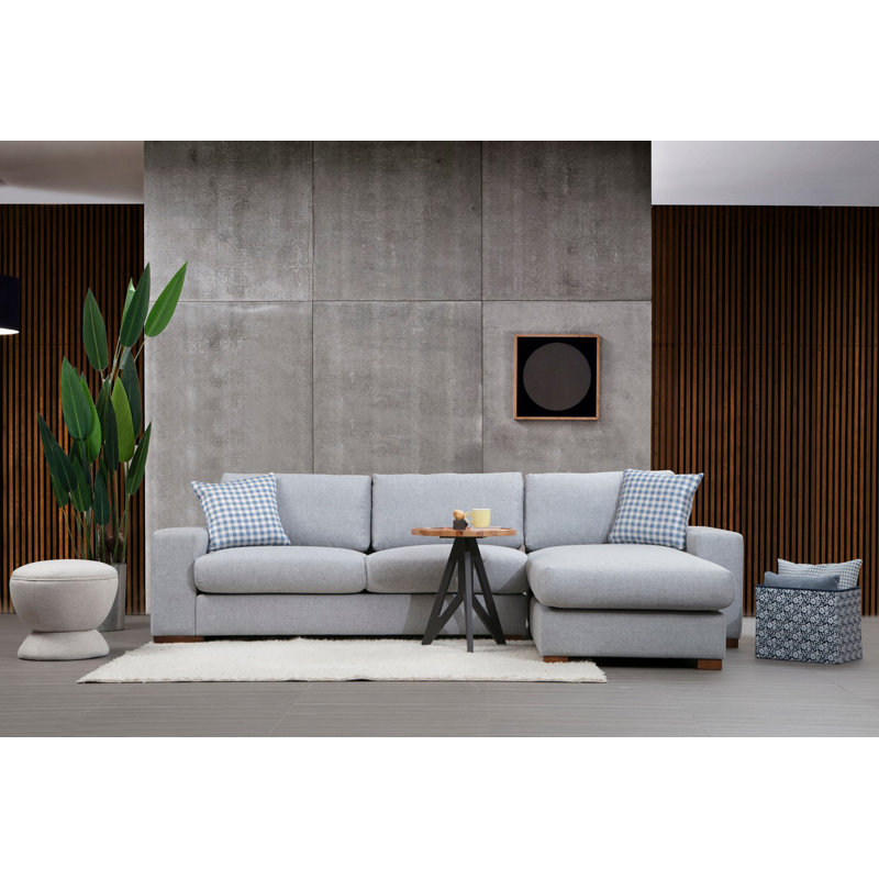 Canapé d'angle avec structure en bois de hêtre et pieds en noyer, tissu gris clair, 114,2 x 76,4 x 33,5 pouces | 100% polyester, nettoyage à sec | Comprend 2 coussins portables (17,7 po x 17,7 po) | Design scandinave élégant pour les espaces de vie modernes