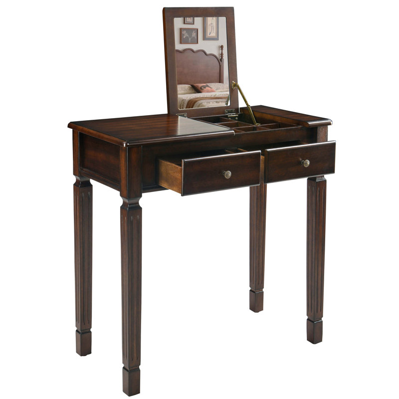 Meuble-lavabo et bureau rétro en bois massif avec miroir rabattable et tiroirs de rangement, Dark Brown