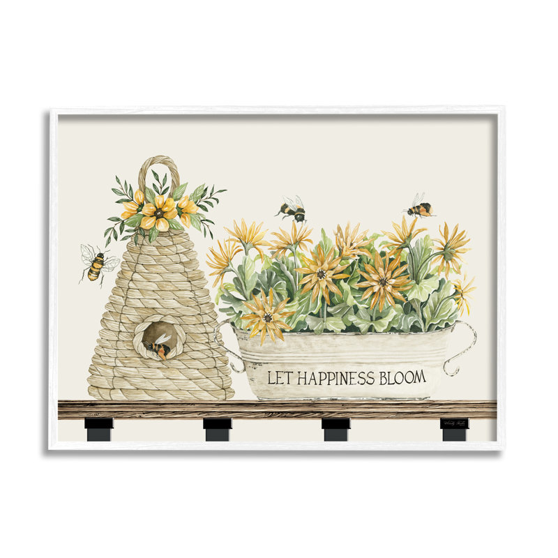 «Let Happiness Bloom Beehive», H 20 po x l 20 po x P 1,5 po, Giclée encadrée blanc bord de mer
