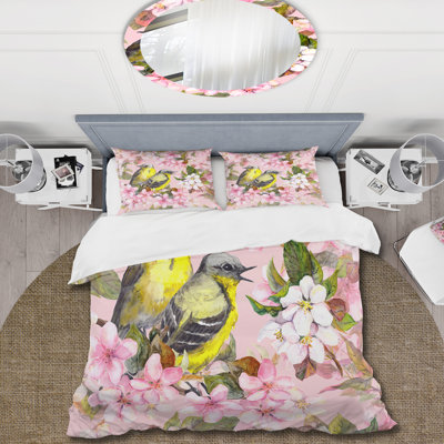 Ensemble de housse de couette en cerisier rose avec fleurs de cerisier et de pommes avec oiseaux I