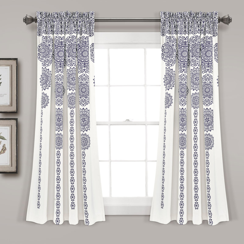 Navy and White Medallion Print Polyester Blackout Window Panels