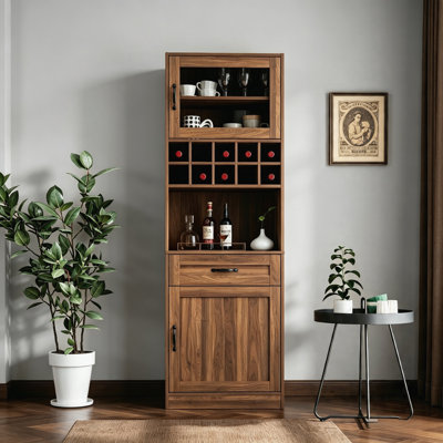 Farmhouse Kitchen Pantry Cabinet with Glass Doors & Multi-Tier Pull-Out Storage Shelves, Multifunctional Bar Pantry Organizer for Kitchen Dining Room Bar