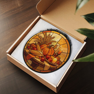 Stained Glass Autumn Harvest Pumpkin Corn Apples Stained Glass Panels Suncatcher for Window Decor