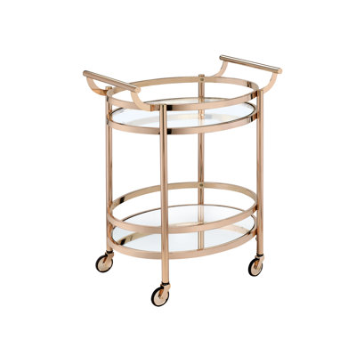 Clear Glass, Rose Gold, Oval Serving Cart, 2 Shelves, Tempered Glass Top Shelf, Mirror Base Metal Frame And Handles, Caster Wheels, Long - Lasting Structure, Plastic Floor Protection, Simple
