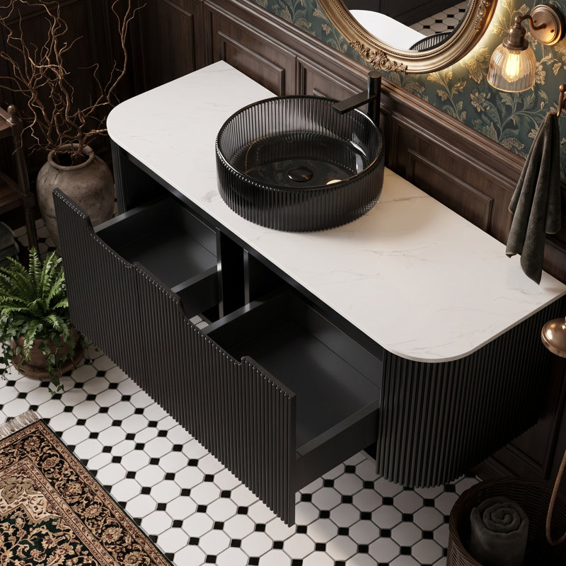 Wall Mounted Single Vanity Bathroom Vanity With Engineered Marble Top, Black