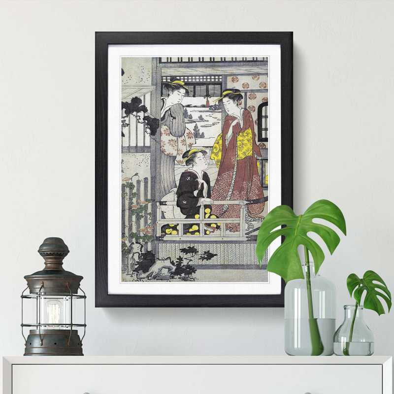 Three Women on a Veranda by Chobunsai Eishi - Picture Frame Painting Print, 36cm H x 27cm W x 2cm D, Black Framed