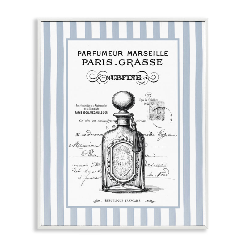 Giclée encadrée de parfum français sur rayures, design par lettré et doublé, H 30 po x l 24 po