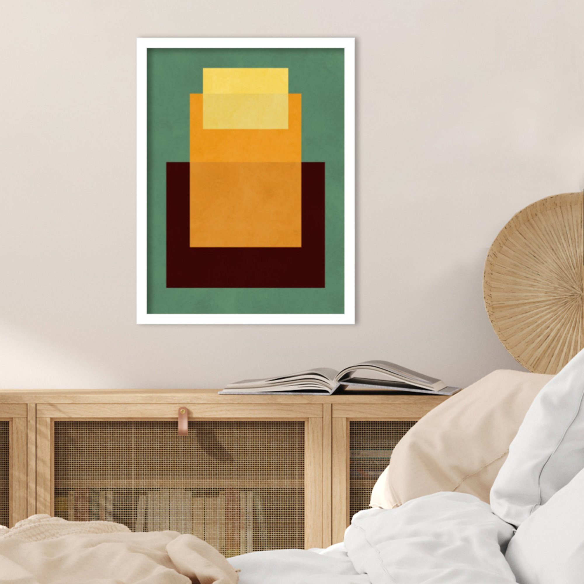 Overlapping geometry 10 by Norvin Wood Framed Wall Art Print, 21" H x 16" W, White, Green/Orange