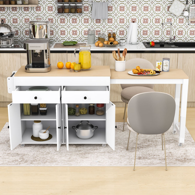 Dosha Rolling Kitchen Island with Extendable Dining Table, Spice Rack and Storage Cabinet, White