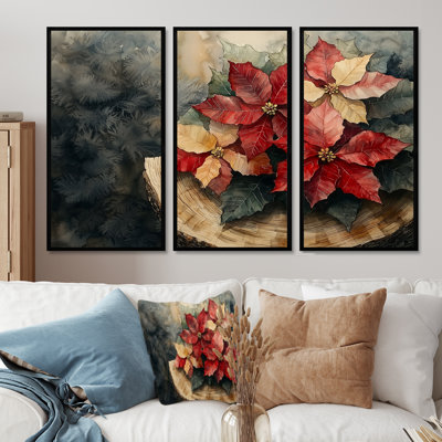 Fleurs de poinsettias rouges sur une glissoire en bois II - art mural poinsettias - 3 panneaux