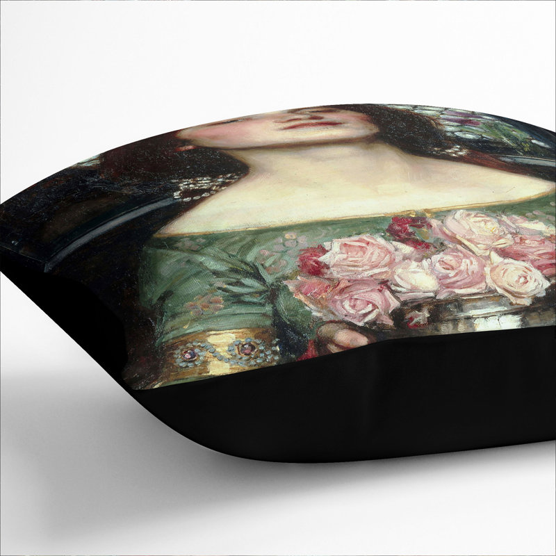 Girl With Flowers Square Throw Cushion, Black, 40cm H x 40cm W x 15cm D