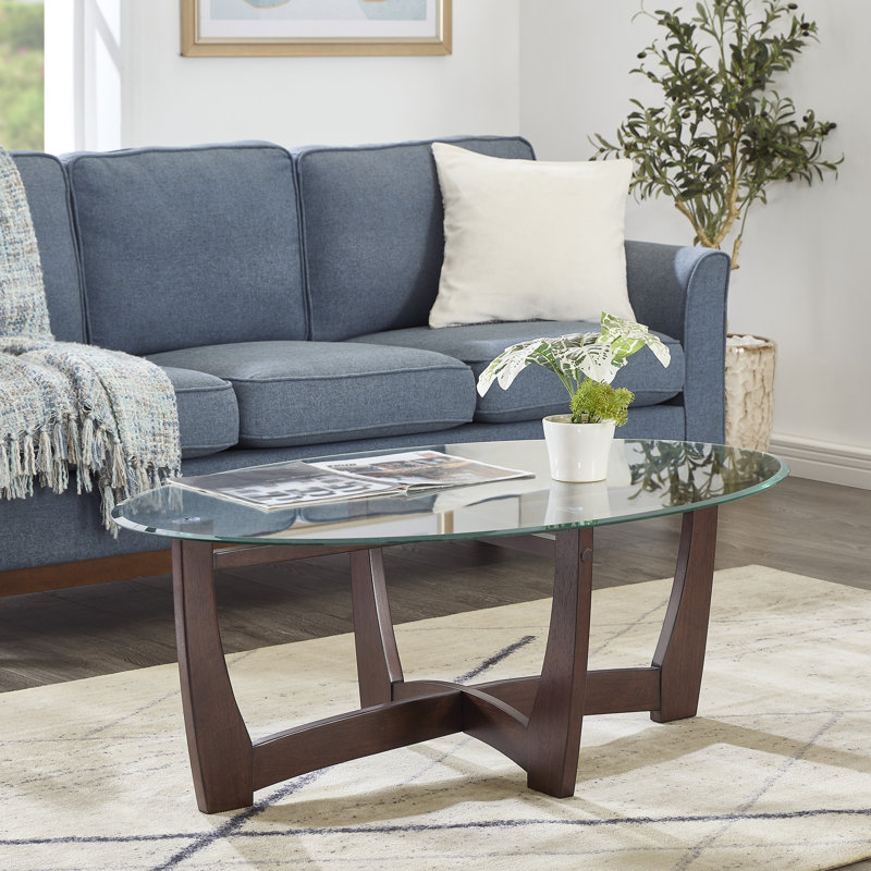 Table basse 48 po ovale en verre avec base en bois de cerisier pour le salon, le bureau ou un appartement | Idée de cadeau