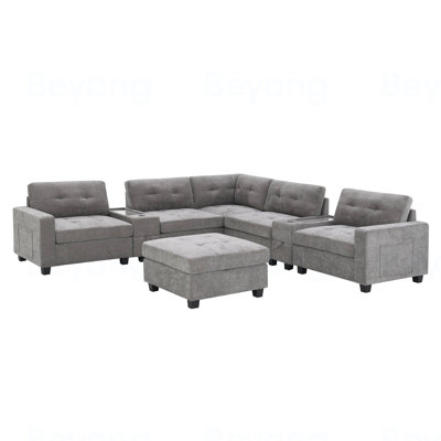 104" Chenille Tufted Upholstered Sectional with a Movable Ottoman and 2 Multifunctional Consoles