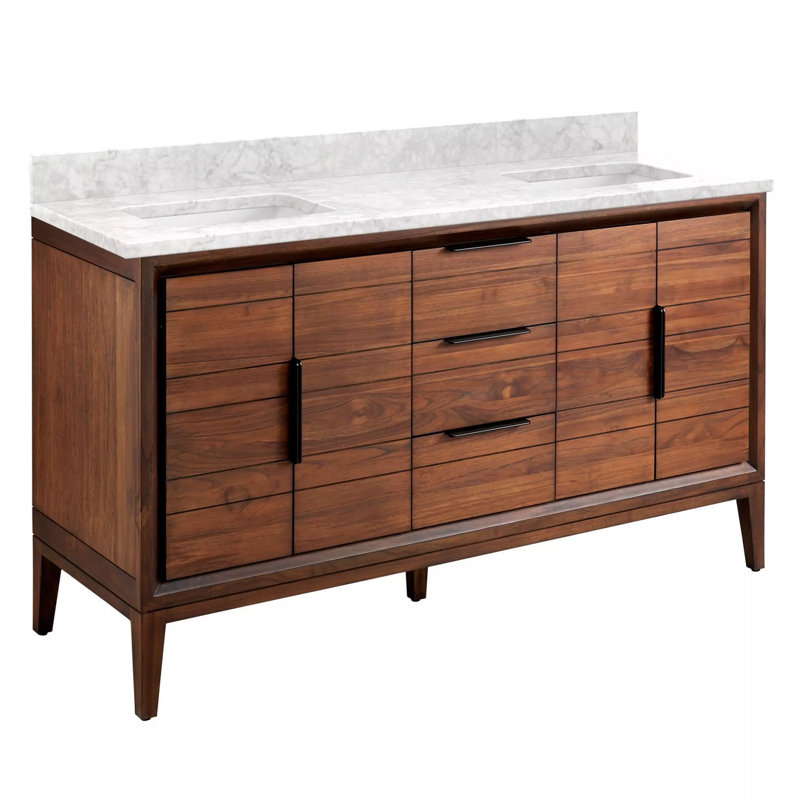Meuble-lavabo double 60 po Aliso, Aucun trou de robinet, Marbre de Carrare, Café