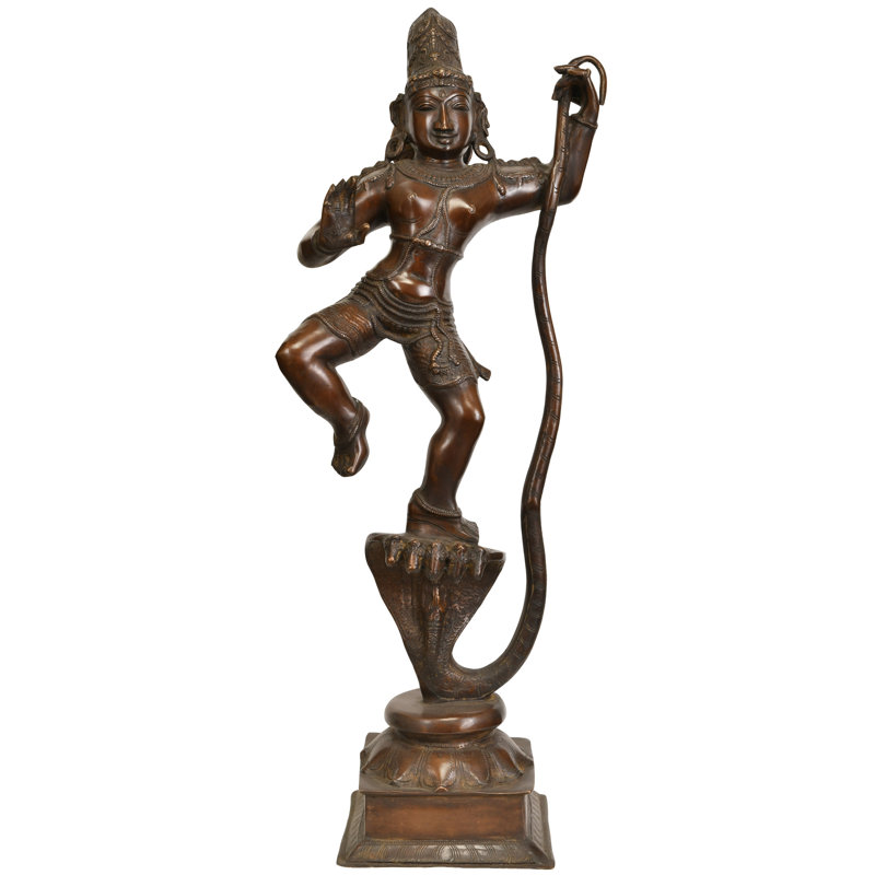 29" Large Lord Krishna Subduing Kaliya Brass Statue - Handcrafted Serpent Victory Sculpture for Temple Home Decor