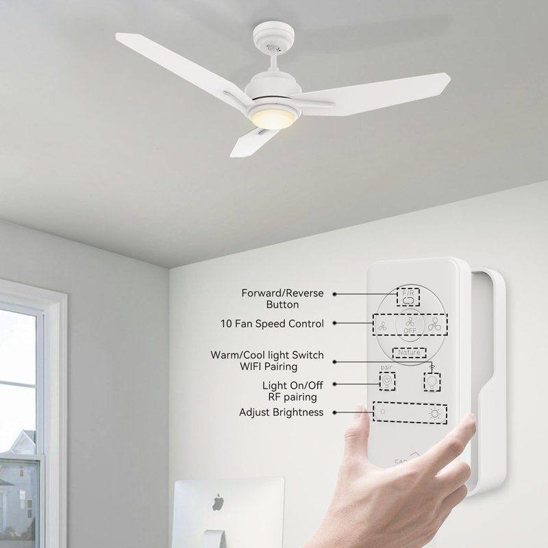 3 - Blade LED Smart Ceiling Fan with Light, 52" H x 5.8" W x 24.8" L, White