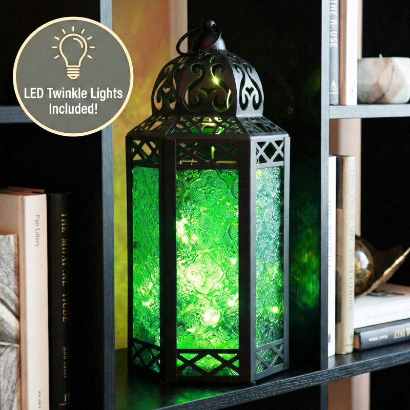 Decorative Moroccan Candle Lantern with LED Fairy Lights, Black/Green, 12" H x 5.75" W x 4.4" D