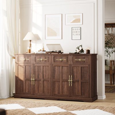 63" Storage Cabinet with Doors and Drawers, Farmhouse Accent Cabinet for Living Room, Buffet Sideboard with 4 Drawers & 4 Doors, Modern Entryway Console Table with Gold Handles