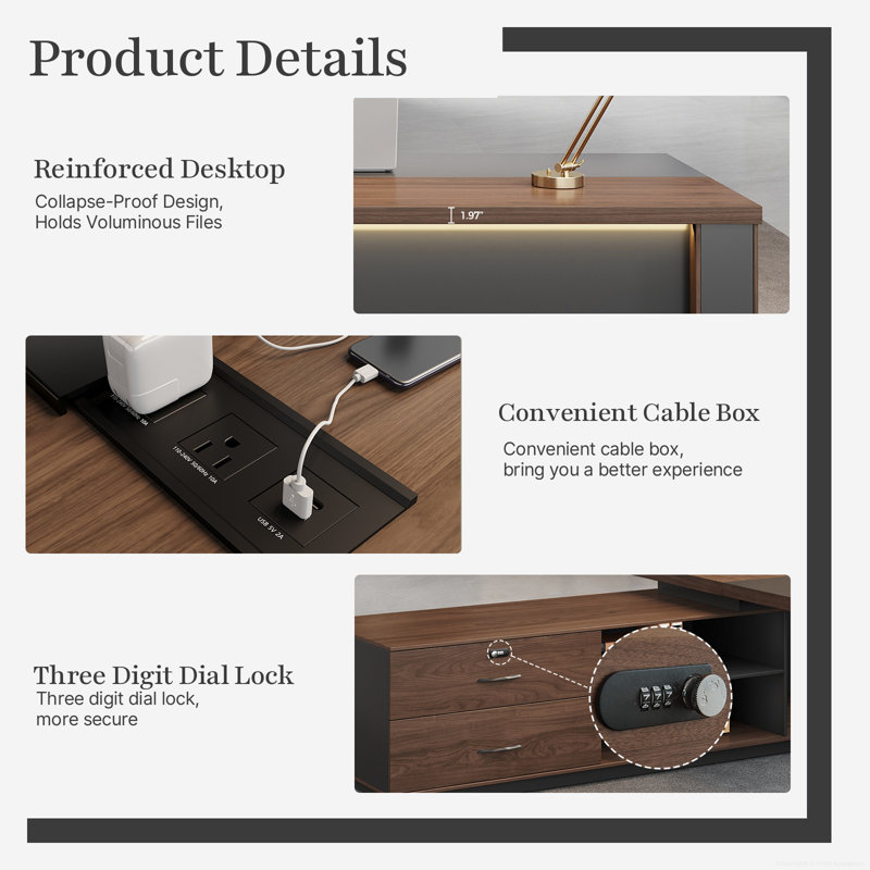 Achilles Luxury L-Shaped Ergonomic Executive Desk With Integrated Storage And Power Management, Brown/Black