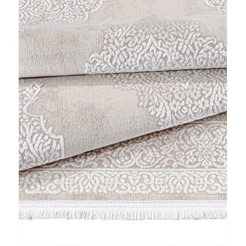 Tapis oriental beige tissé à la machine Ryen Tencel, Tapis de couloir 3 pi 4 po x 9 pi 11 po