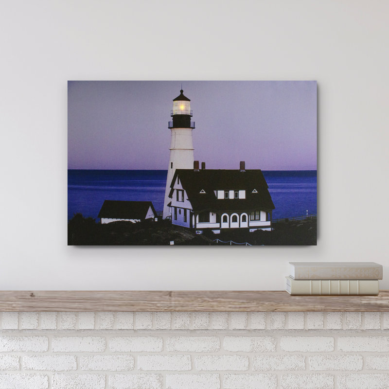 LED Lighted Dusk Lighthouse Seaside Scene Canvas Wall Art