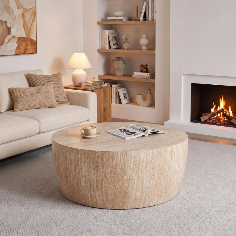 Table basse ronde de 34,6 po - Finition grain de bois moderne pour les petits salons, Travertin