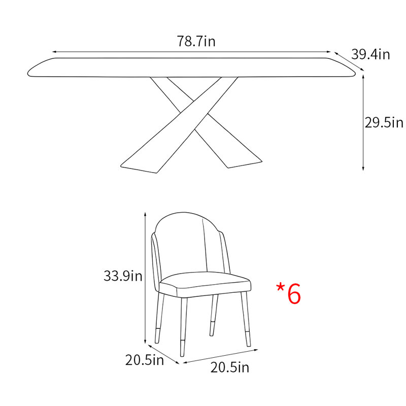 Italian style luxury rectangular dining table sets, 29.5"H x 78.7"L x 39.4"W