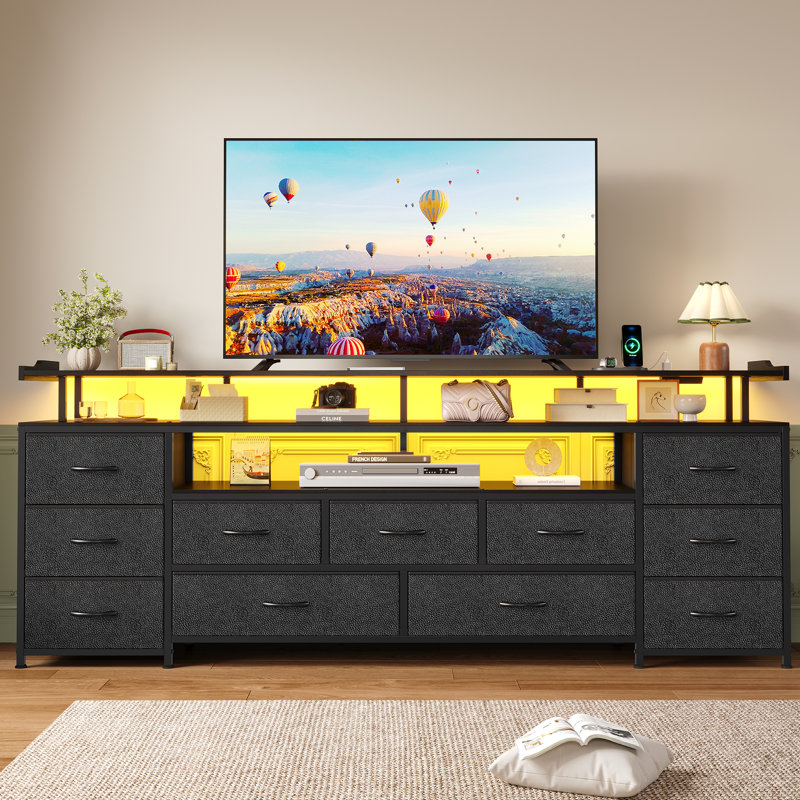 Tv Stand For Tvs Up To 70", Large Led Media Console With Charging Station And Led Light, Black