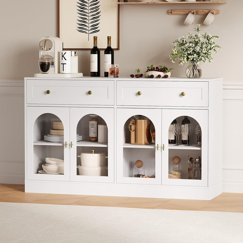 Buffet 55 "à cannelures noires avec 4 portes et tiroirs en acrylique, buffet moderne pour salle à manger et salon, Blanc