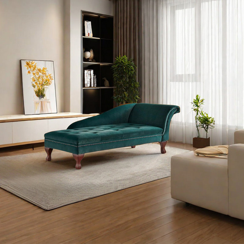 Chaise longue inclinable en velours, Vert, Brun, Accoudoir à droite (vu de face)