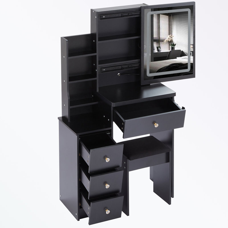Small Size Left Bedside Cabinet Vanity Table + Cushioned Stool, 2 AC+2 USB Power Station, Hair Dryer Bracket, Extra Large Touch Control Sliding LED Mirror, Tri-Color Switching, Brightness Adjust