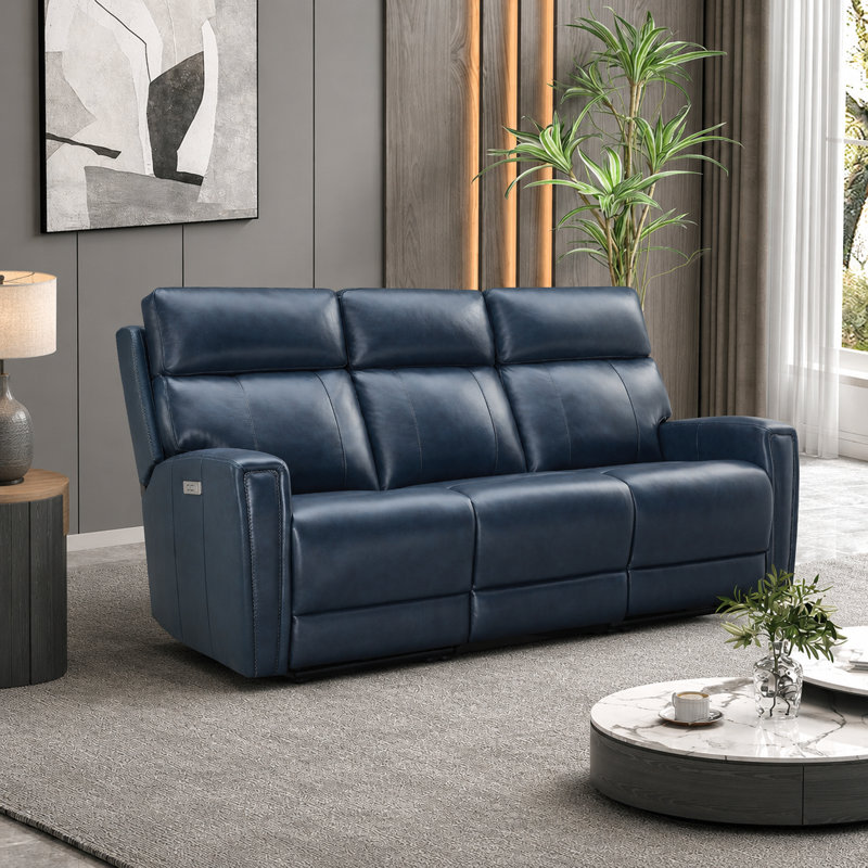 Canapé inclinable électrique 82 po en cuir véritable à double gravité avec ports USB-C 82 po, Dark Blue