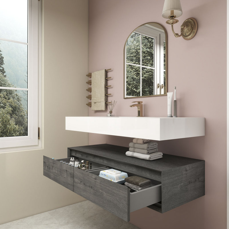 Ensemble de meuble-lavabo mural simple 48 po Alysa, Chêne fumé