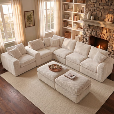 138.2"W Modern 6-Seat Reversible Corduroy Cloud Corner Sectional Sofa, 8-Piece Modular Upholstered Sofa with Console & 2 Ottomans, Compression Packaged, No Assembly Needed