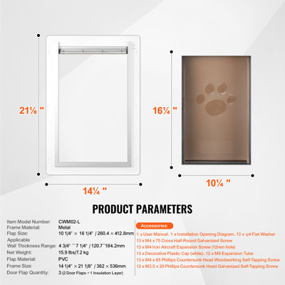 Porte pour animaux de compagnie, cadre en métal 36,2 cm x 53,6 cm avec serrure et système à 3 battants, facile à installer sur les murs intérieurs ou extérieurs, résistante aux intempéries, convient aux chats et aux chiens (blanc - grand modèle)