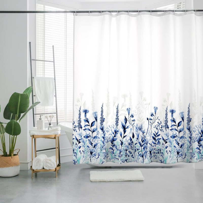 Bohemian Blue and White Floral Fabric Shower Curtain, 72" x 72"