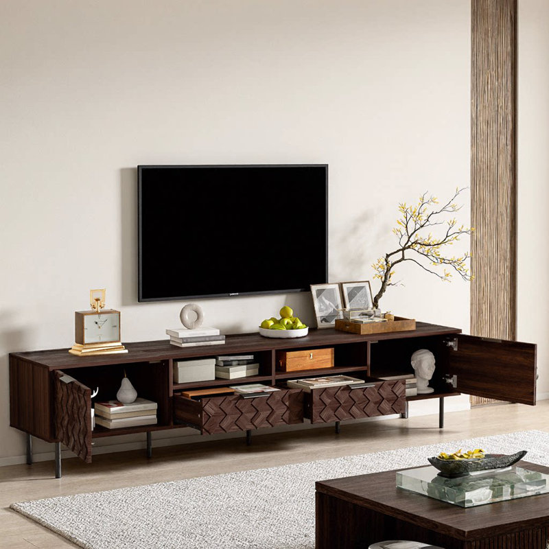 Elegant 78-Inch Modern TV Stand for TVs Up to 85", Walnut Entertainment Center with Hidden Storage & Cable Management, Soft-Closing Hinges, Sturdy Iron Legs for Living Room
