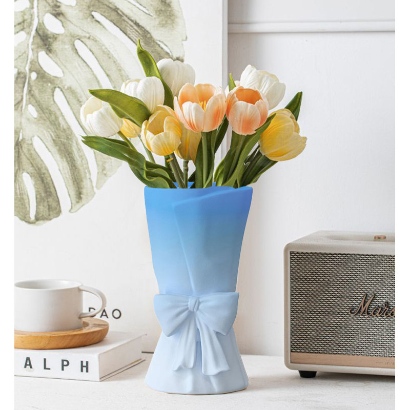 Ceramic Bow Vase,  Decorative Flower Vase, Blue/White