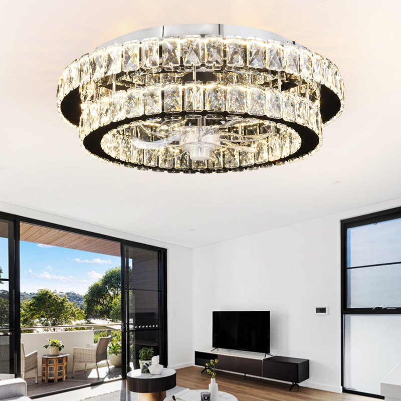 Ventilateur de plafond moderne en cristal de 20 pouces avec lumières, plafonnier encastré de luxe avec pales invisibles, ventilateur de lustre à télécommande DEL pour le salon de la chambre à coucher (ampoules incluses)