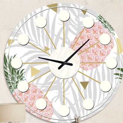 Ananas sur une feuille tropicale - horloge murale moderne Mid-Century